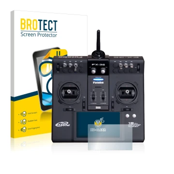 Front side of a product packaging with the brand logo BROTECT. Next to it is the device Robbe Futaba FX-36 shown with the corr