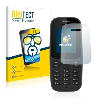 Front side of a product packaging with the brand logo BROTECT. Next to it is the device Nokia 105 2017 shown with the correspo
