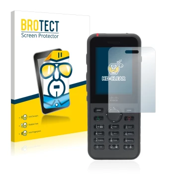 Front side of a product packaging with the brand logo BROTECT. Next to it is the device Cisco IP Phone 8821 shown with the cor