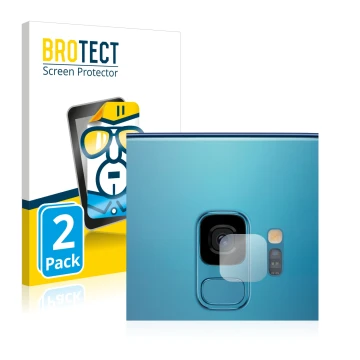 Front side of a product packaging with the brand logo BROTECT. Next to it is the device Samsung Galaxy S9 (ONLY Camera Lens) s
