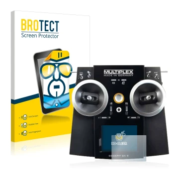 Front side of a product packaging with the brand logo BROTECT. Next to it is the device Multiplex Cockpit SX9 shown with the c