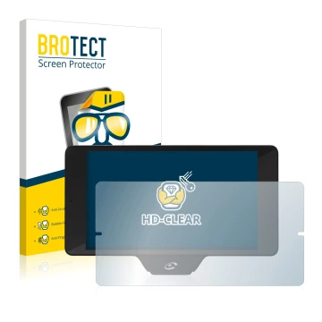 Front side of a product packaging with the brand logo BROTECT. Next to it is the device Coyote Nav+ 2017 shown with the corres