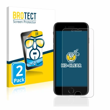 Front side of a product packaging with the brand logo BROTECT. Next to it is the device Apple iPhone SE 2 2020 shown with the 