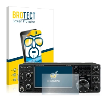 Front side of a product packaging with the brand logo BROTECT. Next to it is the device Icom IC-7610 shown with the correspond