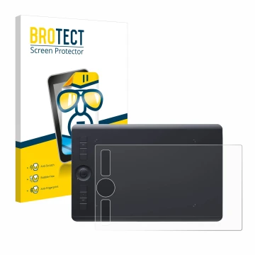 Front side of a product packaging with the brand logo BROTECT. Next to it is the device Wacom Intuos Pro M (2017) shown with t