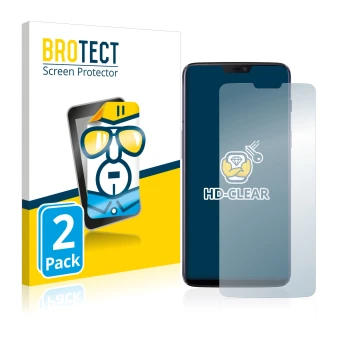 Front side of a product packaging with the brand logo BROTECT. Next to it is the device OnePlus 6 shown with the corresponding