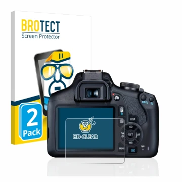 Front side of a product packaging with the brand logo BROTECT. Next to it is the device Canon EOS 2000D shown with the corresp