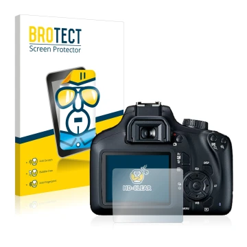 Front side of a product packaging with the brand logo BROTECT. Next to it is the device Canon EOS 4000D shown with the corresp