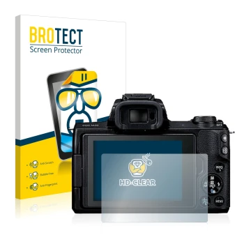 Front side of a product packaging with the brand logo BROTECT. Next to it is the device Canon EOS M50 shown with the correspon