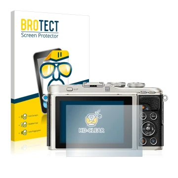 Front side of a product packaging with the brand logo BROTECT. Next to it is the device Olympus PEN E-PL9 shown with the corre