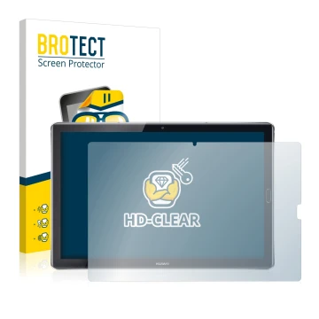 Front side of a product packaging with the brand logo BROTECT. Next to it is the device Huawei MediaPad M5 10.8 shown with the
