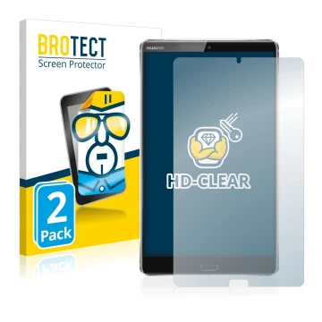 Front side of a product packaging with the brand logo BROTECT. Next to it is the device Huawei MediaPad M5 8.4 shown with the 