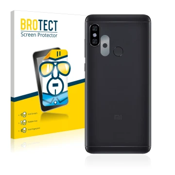 Front side of a product packaging with the brand logo BROTECT. Next to it is the device Xiaomi Redmi Note 5 (ONLY Camera Lens)