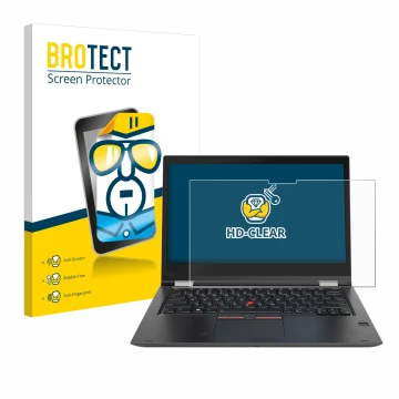 Front side of a product packaging with the brand logo BROTECT. Next to it is the device Lenovo ThinkPad Yoga X380 shown with t