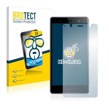 Front side of a product packaging with the brand logo BROTECT. Next to it is the device Sony Xperia XZ2 Premium shown with the