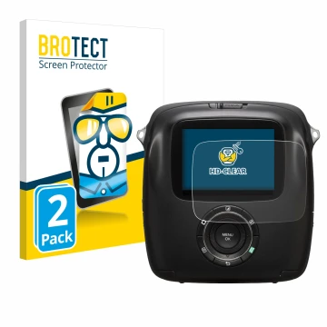 Front side of a product packaging with the brand logo BROTECT. Next to it is the device Fujifilm Instax Square SQ10 shown with