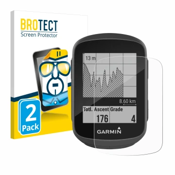 Front side of a product packaging with the brand logo BROTECT. Next to it is the device Garmin Edge 130 shown with the corresp