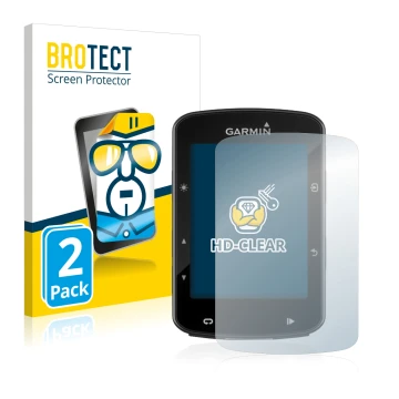 Front side of a product packaging with the brand logo BROTECT. Next to it is the device Garmin Edge 520 Plus shown with the co