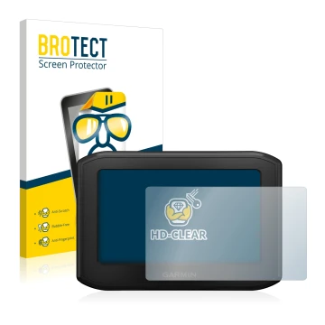 Front side of a product packaging with the brand logo BROTECT. Next to it is the device Garmin zumo 396 LMT-S shown with the c