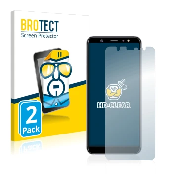 Front side of a product packaging with the brand logo BROTECT. Next to it is the device Samsung Galaxy A6 Plus 2018 shown with
