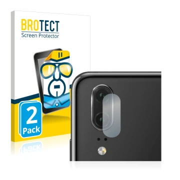 Front side of a product packaging with the brand logo BROTECT. Next to it is the device Huawei P20 (ONLY Camera Lens) shown wi