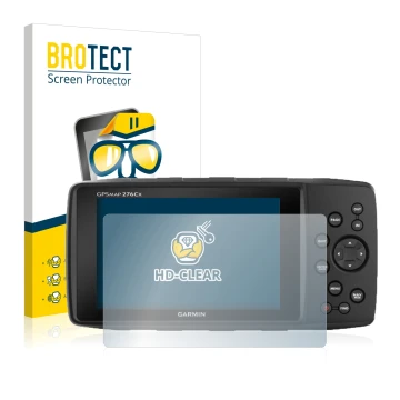 Front side of a product packaging with the brand logo BROTECT. Next to it is the device Garmin GPSMAP 276Cx shown with the cor