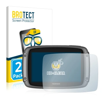 Front side of a product packaging with the brand logo BROTECT. Next to it is the device TomTom Rider 500 shown with the corres