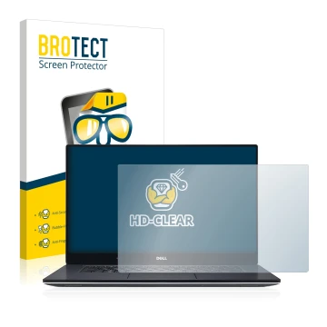 Front side of a product packaging with the brand logo BROTECT. Next to it is the device Dell XPS 15 9560 shown with the corres