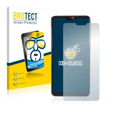 Front side of a product packaging with the brand logo BROTECT. Next to it is the device Oppo R15 Pro shown with the correspond