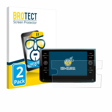 Front side of a product packaging with the brand logo BROTECT. Next to it is the device Volkswagen Polo 2018 Composition Media