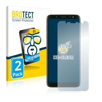 Front side of a product packaging with the brand logo BROTECT. Next to it is the device Samsung Galaxy J6 2018 shown with the 