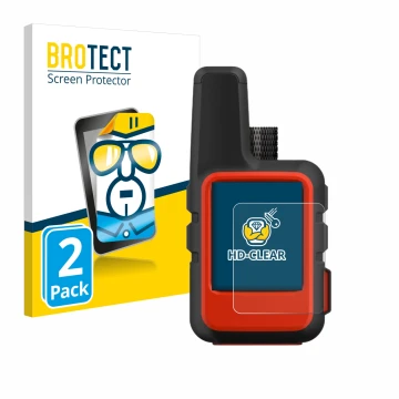 Front side of a product packaging with the brand logo BROTECT. Next to it is the device Garmin inReach Mini shown with the cor