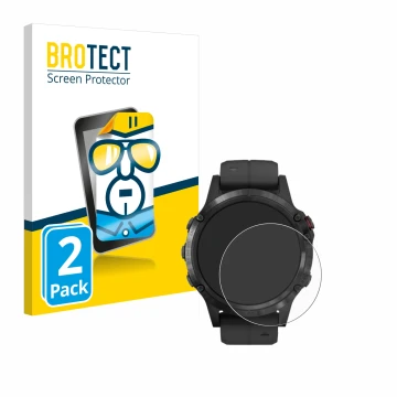 Front side of a product packaging with the brand logo BROTECT. Next to it is the device Garmin Fenix 5 Plus (47 mm) shown with