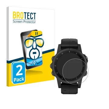 Front side of a product packaging with the brand logo BROTECT. Next to it is the device Garmin Fenix 5S Plus (42 mm) shown wit