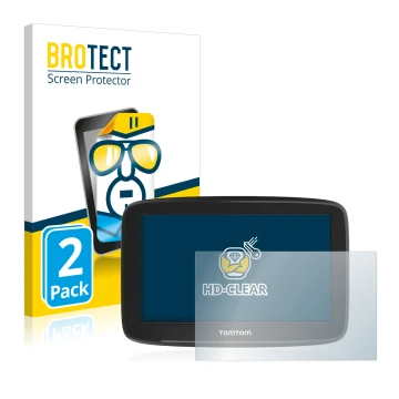 Front side of a product packaging with the brand logo BROTECT. Next to it is the device TomTom GO Basic (6