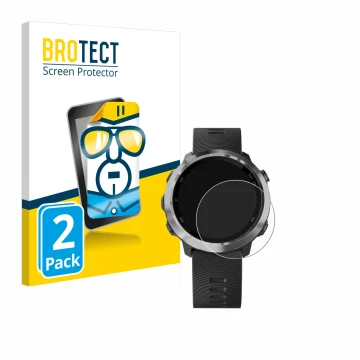 Front side of a product packaging with the brand logo BROTECT. Next to it is the device Garmin Forerunner 645 Music shown with