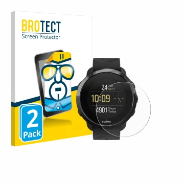 Front side of a product packaging with the brand logo BROTECT. Next to it is the device Suunto 3 Fitness shown with the corres