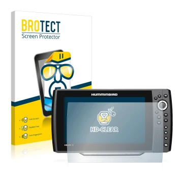 Front side of a product packaging with the brand logo BROTECT. Next to it is the device Humminbird Helix 10 shown with the cor