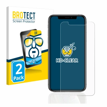 Front side of a product packaging with the brand logo BROTECT. Next to it is the device Apple iPhone Xs shown with the corresp