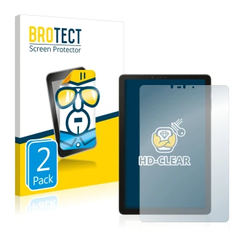 Front side of a product packaging with the brand logo BROTECT. Next to it is the device Samsung Galaxy Tab S4 10.5 shown with 