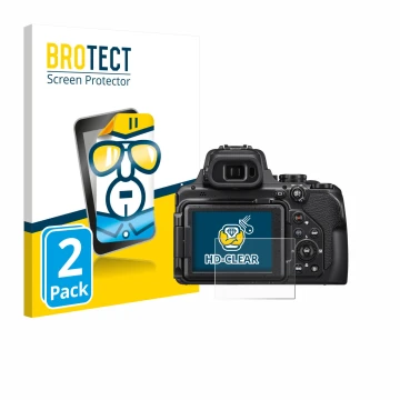 Front side of a product packaging with the brand logo BROTECT. Next to it is the device Nikon Coolpix P1000 shown with the cor
