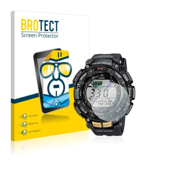 Front side of a product packaging with the brand logo BROTECT. Next to it is the device Casio Pro Trek PRG-240-1ER shown with 