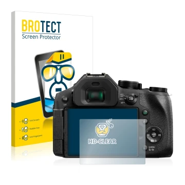 Front side of a product packaging with the brand logo BROTECT. Next to it is the device Panasonic Lumix DMC-FZ330 shown with t