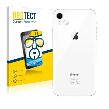Front side of a product packaging with the brand logo BROTECT. Next to it is the device Apple iPhone XR (ONLY Camera Lens) sho