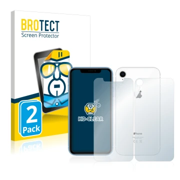 Front side of a product packaging with the brand logo BROTECT. Next to it is the device Apple iPhone XR (Front+Back) shown wit