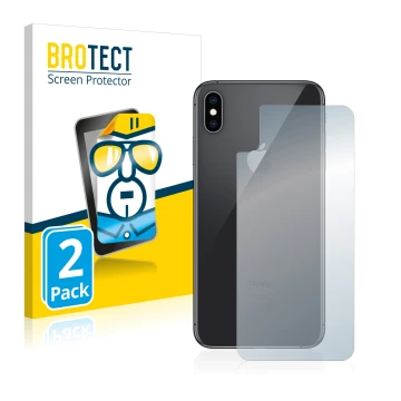 Front side of a product packaging with the brand logo BROTECT. Next to it is the device Apple iPhone Xs Max (Back) shown with 