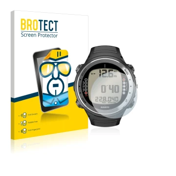 Front side of a product packaging with the brand logo BROTECT. Next to it is the device Suunto D4I shown with the correspondin