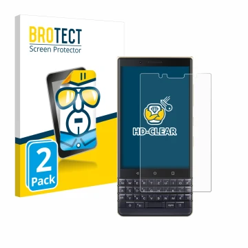 Front side of a product packaging with the brand logo BROTECT. Next to it is the device BlackBerry Key2 LE shown with the corr