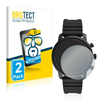 Front side of a product packaging with the brand logo BROTECT. Next to it is the device Fossil Q Explorist HR (4.Gen) shown wi