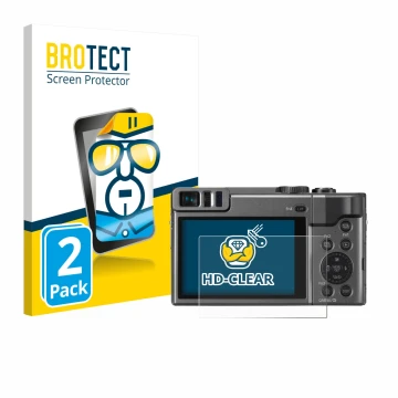 Front side of a product packaging with the brand logo BROTECT. Next to it is the device Panasonic Lumix DC-TZ90 shown with the
